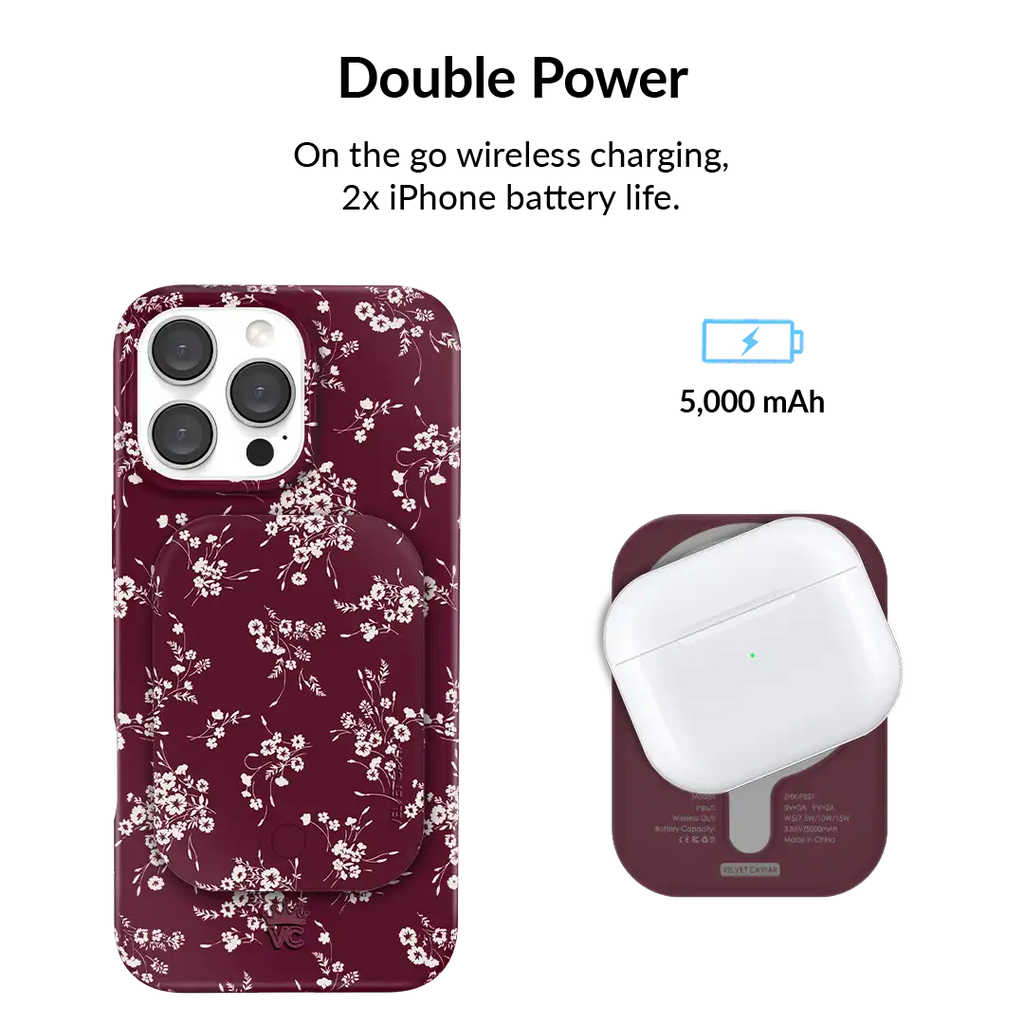 French Burgundy Floral Portable MagSafe Charger Power Pack