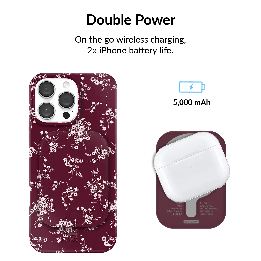 French Burgundy Floral Portable MagSafe Charger Power Pack